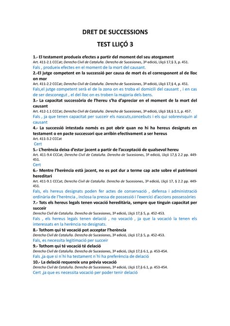 Test 3 sucesiones corregido DRET DE SUCCESSIONS TEST LLIÇÓ 3 1 El