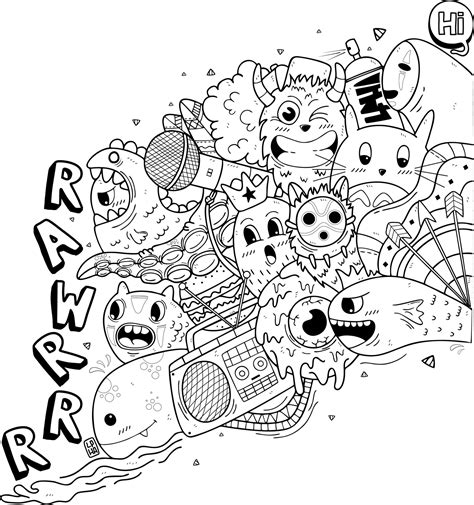 Rawrrr Doodle Art Coloring Page For Kids And Adults 22778665 Vector Art