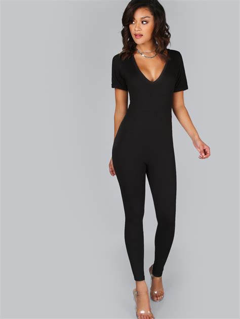 Bodycon Short Sleeve Jumpsuit Black Shein Sheinside