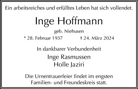 Traueranzeigen Von Inge Hoffmann HamburgerTRAUER De