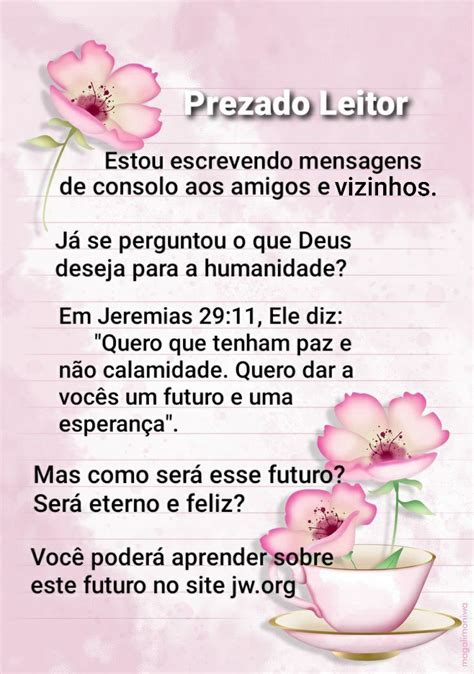 A Pink Poster With Flowers In A Cup And The Words Prezado Leitor