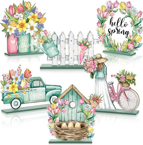 Amazon Capoda Pcs Spring Wooden Table Block Signs Hello Spring