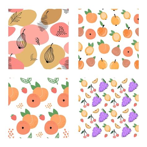 Un Conjunto De Lindos Patrones Sin Fisuras Con Flores Abstractas Frutas