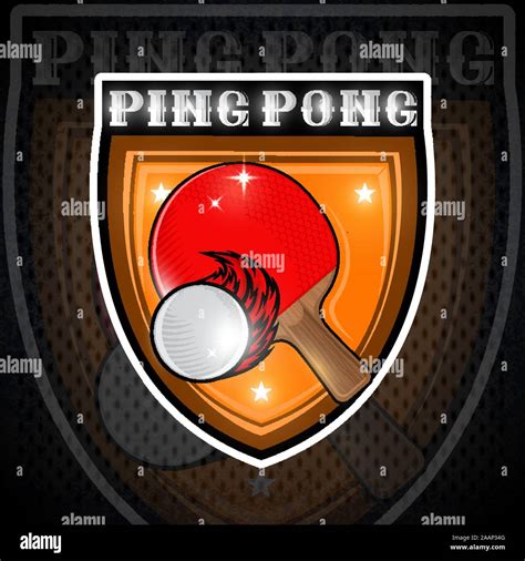 Red Ping Pong Racket With Fire Ball In Center Of Shield Sport Logo For