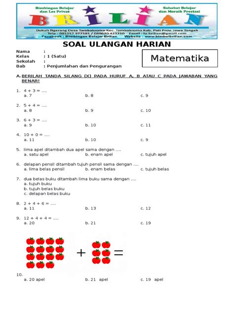 Soal Matematika Kelas 1 Sd Bab 2 Penjumlahan Dan Pengurangan Dan Kunci Jawaban Pdf