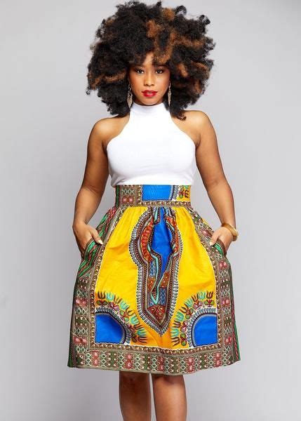 Skirts Naya African Print Dashiki Midi Skirt With Sash Yellow Blue