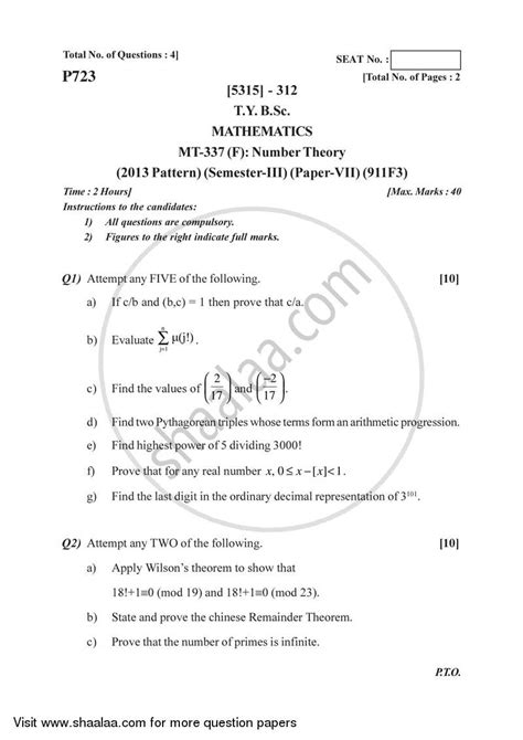 Number Theory 2017 2018 Bsc Mathematics Semester 5 Tybsc Question