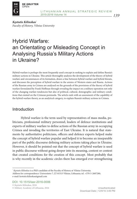 Pdf Hybrid Warfare An Orientating Or Misleading Concept In Analysing Russia S Military