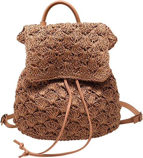 Kukuzhu Summer Handmade Woven Crochet Straw Backpack Flap Drawstring