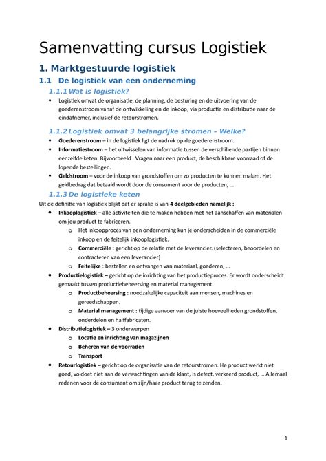 Samenvatting Basisboek Logistiek Samenvatting Cursus Logistiek 1