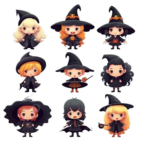 Colección De Lindos Personajes De Brujas De Dibujos Animados Para Halloween Png Ilustraciones