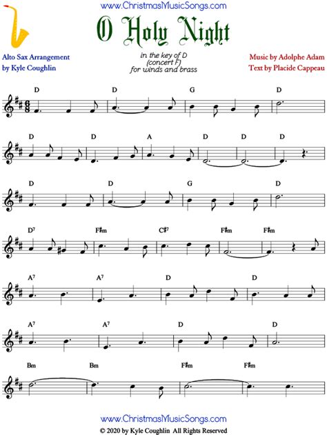 O Holy Night Christmas Carol For Alto Saxophone - Free Sheet Music