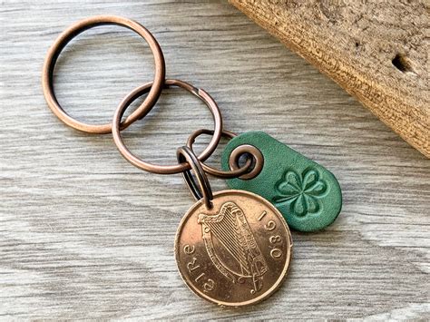 Irish Two Pence Coin And Green Leather Shamrock Keychain Keyring