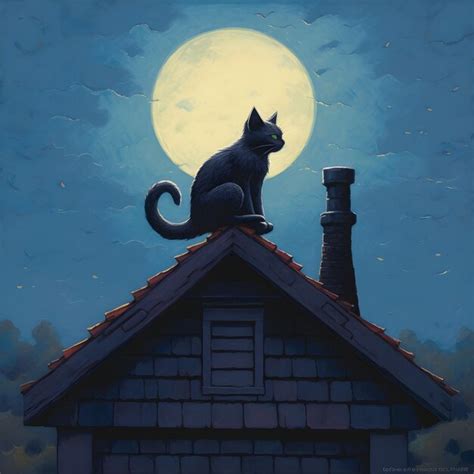 Una Pintura De Un Gato Negro En Un Techo Con La Luna En El Fondo