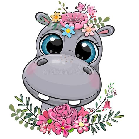 Cartoon Hippo With Flowers On A White Background Stock Illustration Illustration Of Girl