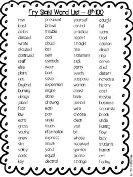 Fry Sight Word Lists 8th 100 Words By Miss Cobblestone S Resources