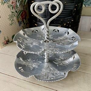 Vintage Forged Aluminum Two Tier Serving Plates Trays With Handle Etsy