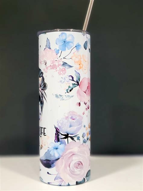 Floral Mom Life Messy Bun Tumbler Mom Bun 20oz Skinny Etsy