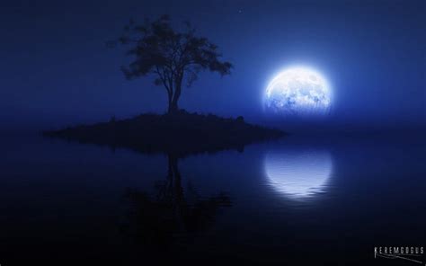 Night Of The Blue Moon Blue Island Moon Reflection Sky Tree