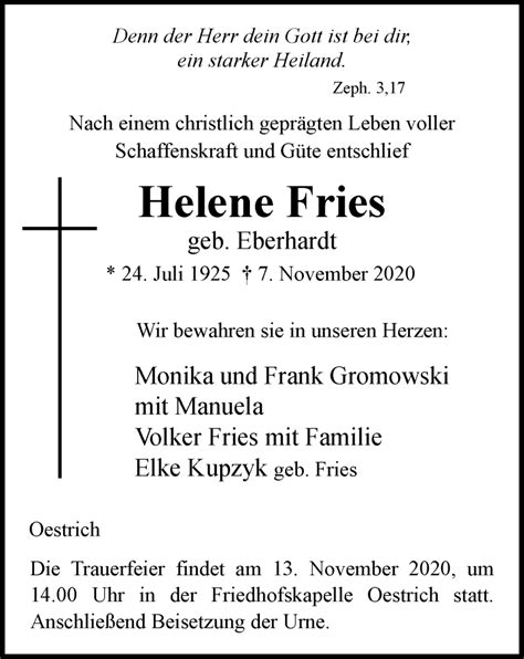 Traueranzeigen Von Helene Fries Trauer In NRW De