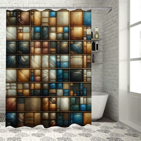 Lzatpd Geometric Shower Curtain Modern Squares Tiles Farmhouse Boho