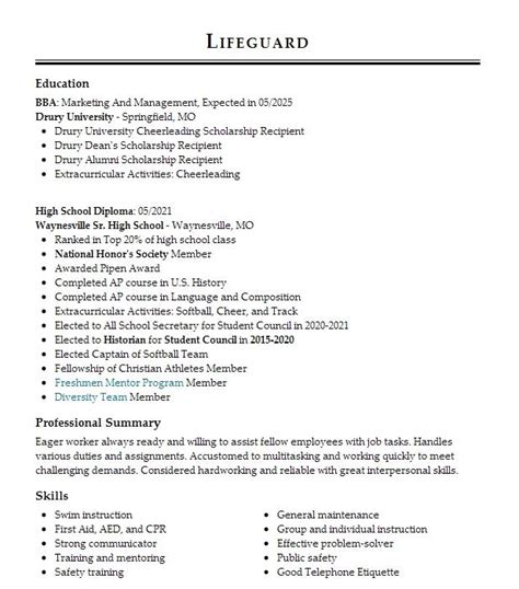 Lifeguard Resume Example