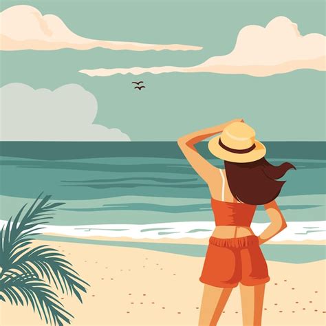 Una mujer en un bikini está de pie en una playa con palmeras en el fondo Vector Premium