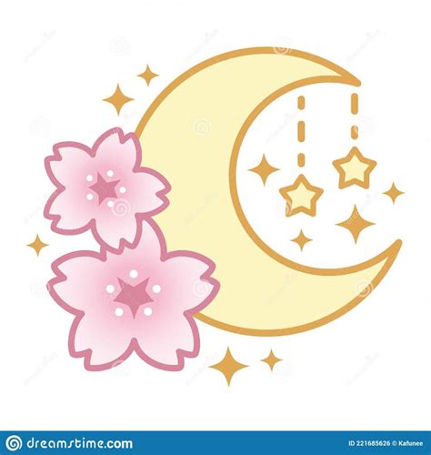 Kawaii Vector Illustration of Cute Moon with Sakura and Stars, Doodle, Moon, Flower, Stars, Cute ...