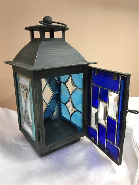 Lantern Grey Lantern With Blue Glass And Bevels Wedding Etsy Stained Glass Art Glass