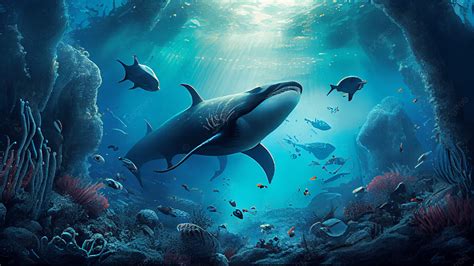 Illustration Background Of Underwater Creature Shark, Underwater World ...