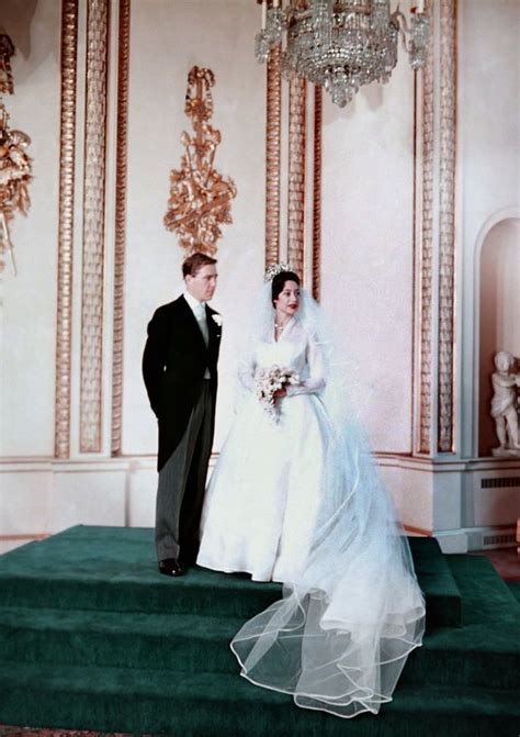 Photograph of Princess Margaret, wearing a white wedding dress and veil ...