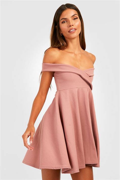 Off The Shoulder Mini Skater Dress Boohoo Uk