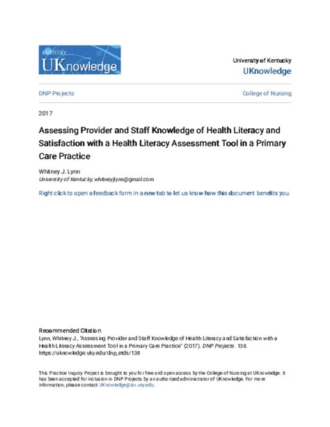 Pdf Assessing Provider And Staff Knowledge Of Health Literacy And Satisfaction With A Health