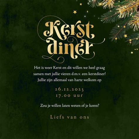 Uitnodiging Kerstdiner Goud Groen Sterren Kaartje Go