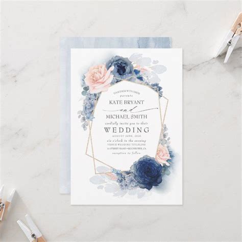 Blush Dusty And Navy Blue Floral Wedding Invitation Zazzle Silver