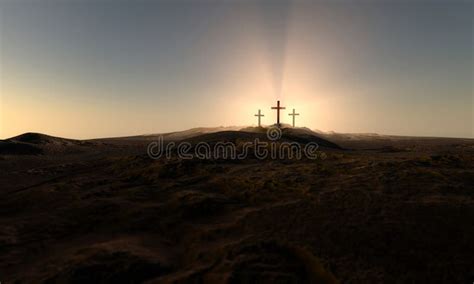 Christian Croses On Hill Outdoors At Sunrise Calvary Crucifixion 3d