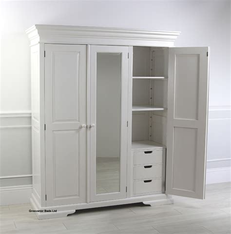 New French Style White Mahogany Triple Wardrobe With Mirror Hanging