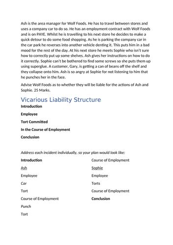 A Level Law Vicarious Liability Scenario Essay Model Plan