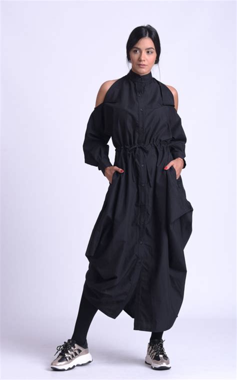 Extravagant Loose Shirt Dress Black Naked Shoulder Etsy