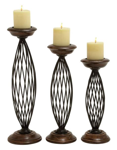 Benzara 14460 Traditional Metal Wood Candle Holder Set Of 3