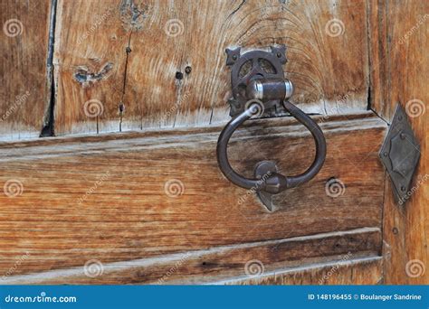 Close On Metal Knock On An Old Wooden Door Stock Image Image Of