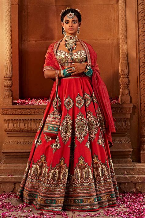 Buy Red Lehenga And Blouse Raw Silk Floral Zaina Persian Flower Pattern Bridal Set For Women By