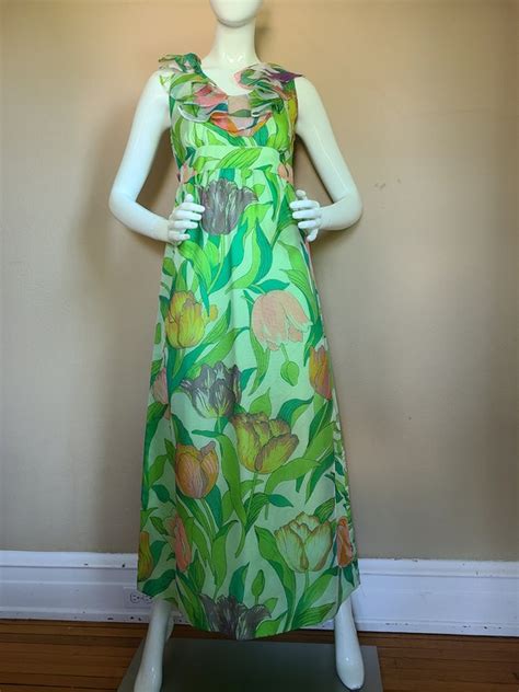 Groovy 60s Floral Maxi Gown Green Floral Sleeveless Gem