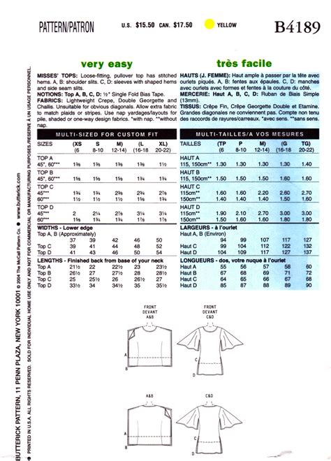 Butterick B4189 4189 Misses Pullover Tops Loose Fitting Fast And Easy