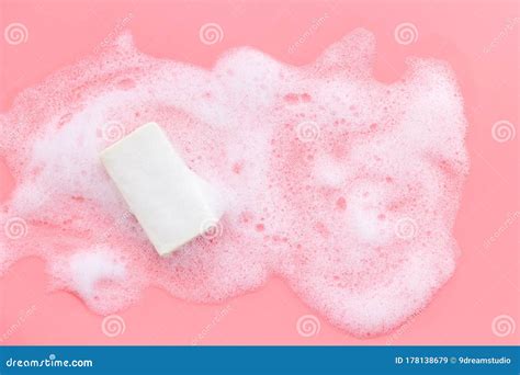 Soap Bar With Bubbles On Pink Background Top Down Stock Image Image