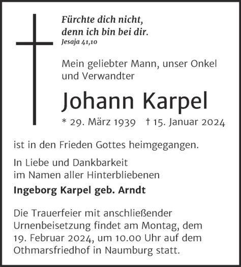 Traueranzeigen Von Johann Karpel Abschied Nehmen De