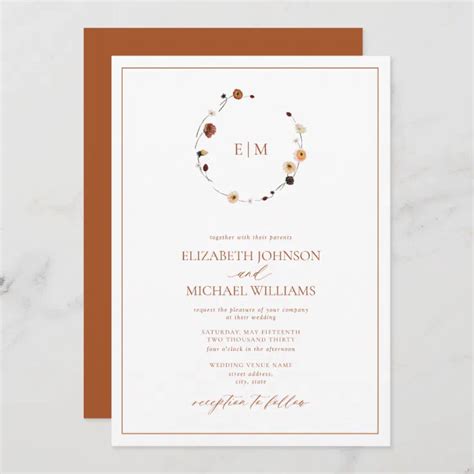 Elegant Burnt Orange Floral Crest Monogram Wedding Invitation Zazzle