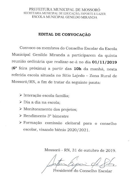 Blog da Escola Municipal Genildo Miranda Edital de convocação reunião