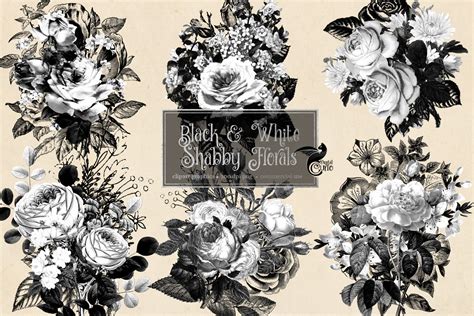 White and Black Shabby Floral Clip Art Digital Instant - Etsy