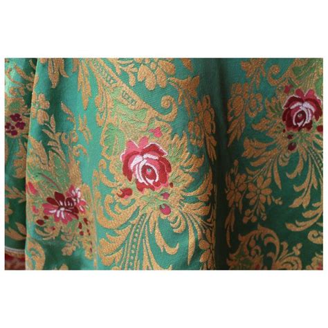 Italian Green Silk Blend Brocade Fabric With Red Roses And Gold Floral